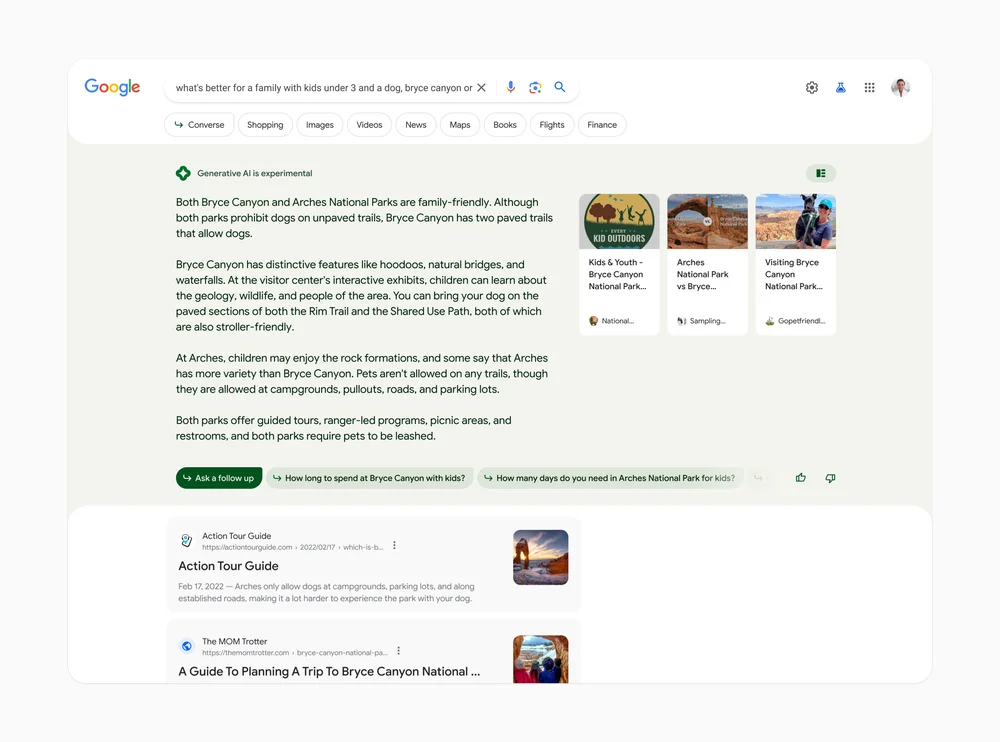 A sample of Google’s new Search Generative Experience search results page