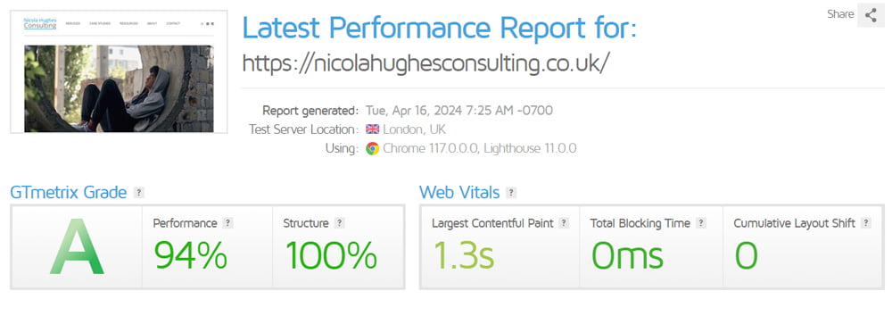 Exceptional site performance, Nicola Hughes consulting and GT Metrix